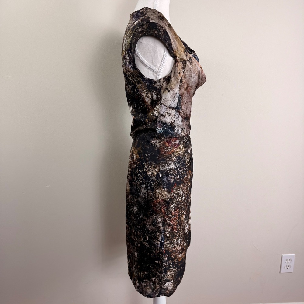 Helmut Lang Abstract Earth Tone Ruched Cowl Neck Sleeveless Sheath Dress Size 2 - Picture 2 of 13